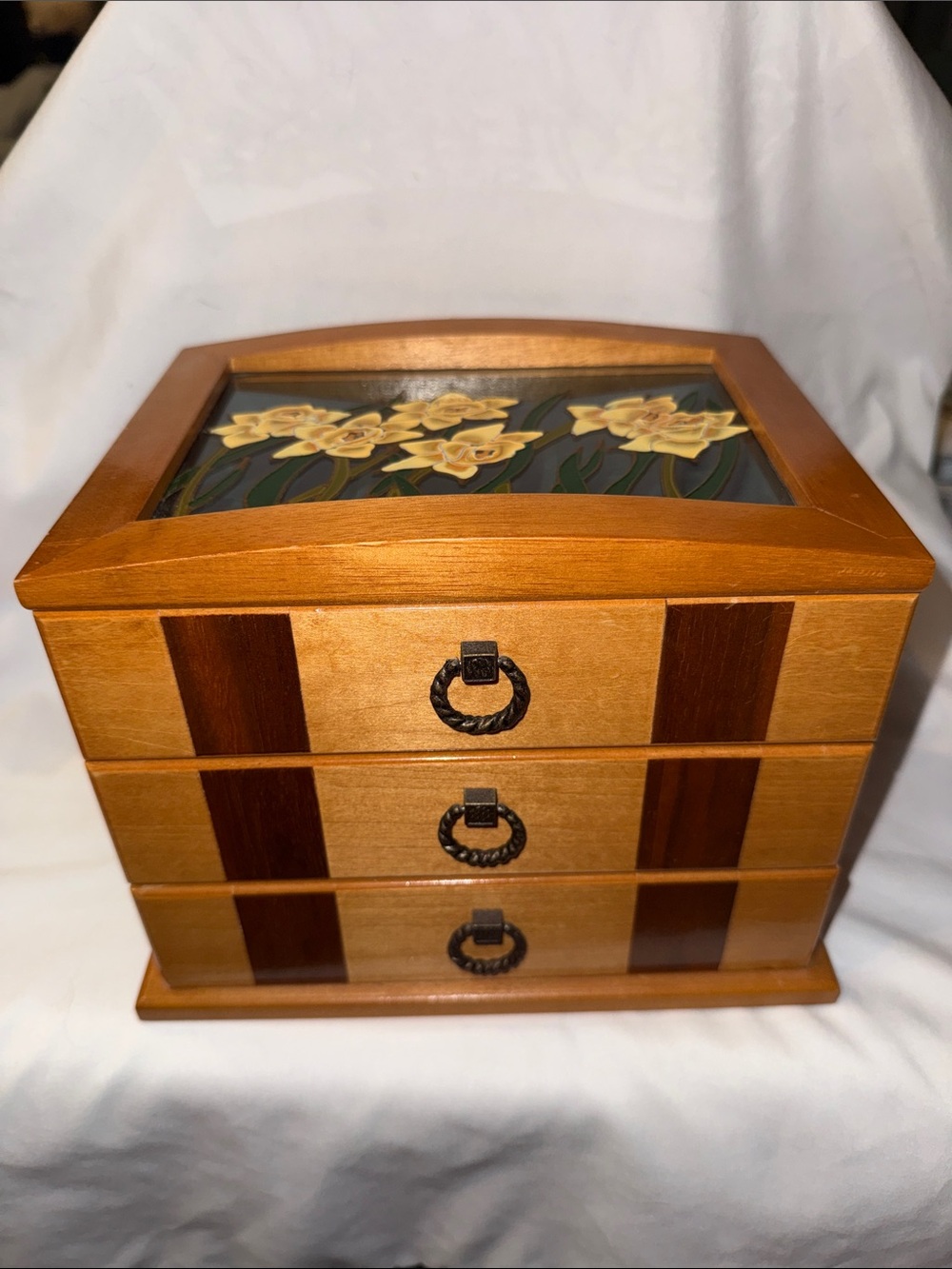 Vintage Two tone Wooden Powell 3-Drawer Jewelry Box with Floral Glass Top